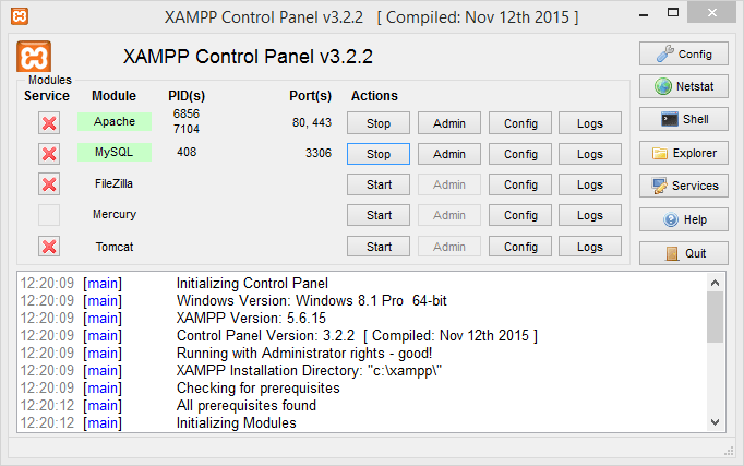 XAMPP control panel