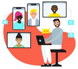 Animation of employees sharing a video call