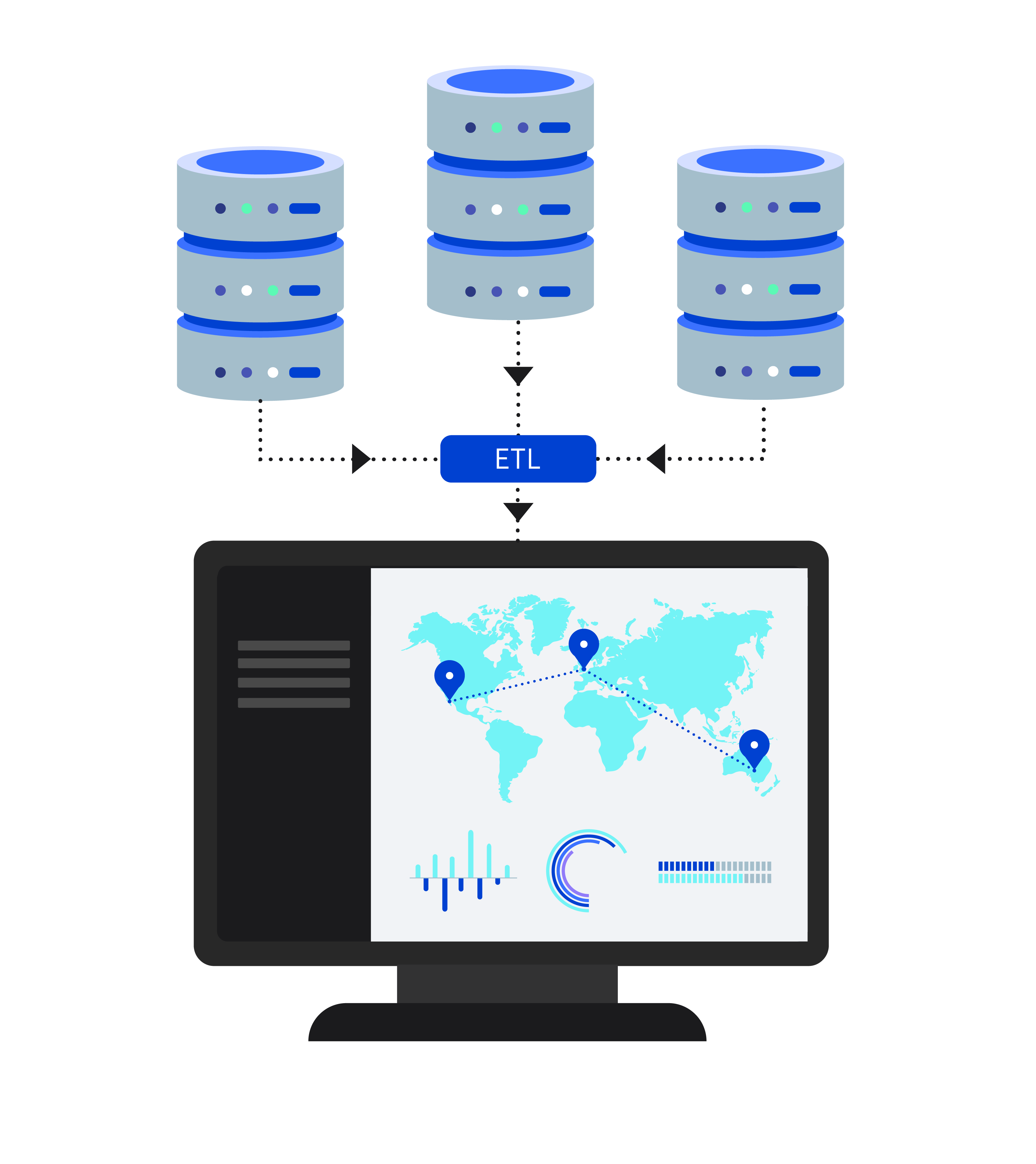 Graphic showing how data is extracted, transformed and loaded into a data warehouse