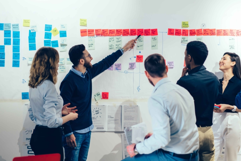 Team consulting an organisational chart on the wall